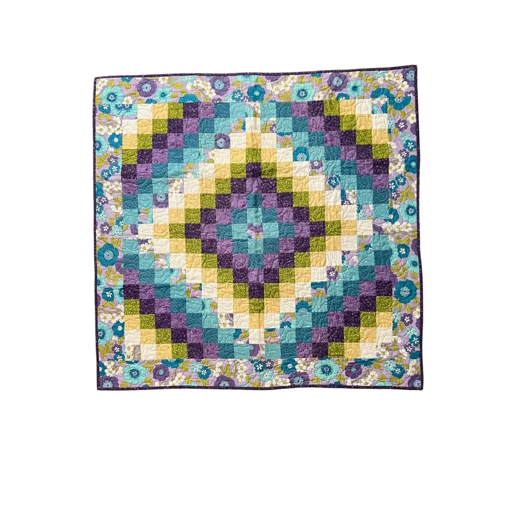 Vintage Handmade Patchwork Quilt Throw Lavender Teal Floral 40x40